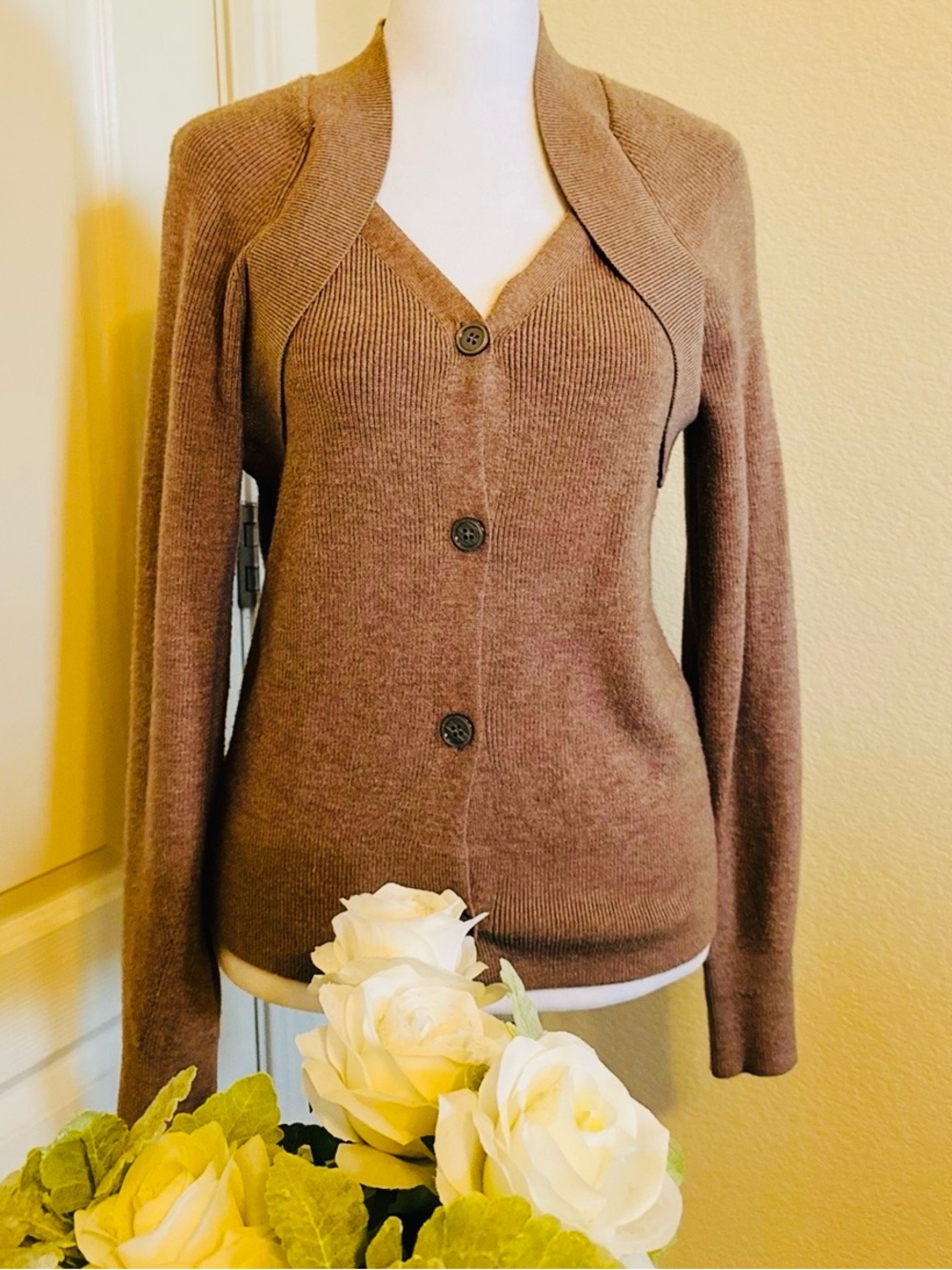 Women's Brown Button-Front V-Neck Sweater